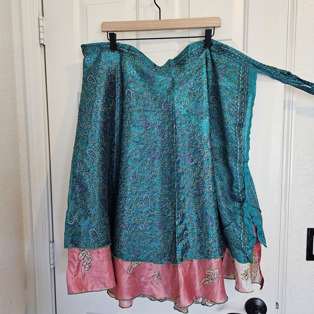 Boho Teal Paisley A-Line Maxi Skirt with Pink Hem